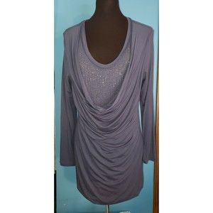 Soft Surroundings Womens Top Ruched Scoop Neck Long Sleeve Sz M Blue Gray Beaded